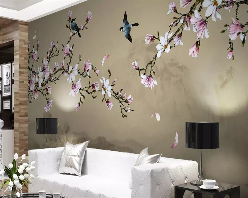 Beibehang Wallpaper mural magnolia hand-painted meticulous flower and bird TV background wall decorative painting 3d wallpaper