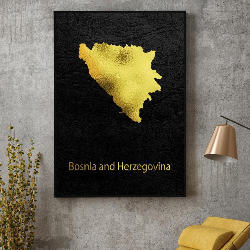Golden Map Art Bosnia Canvas Painting Wall Art Pictures Prints Home Decor Wall Poster Decoration For Living Room