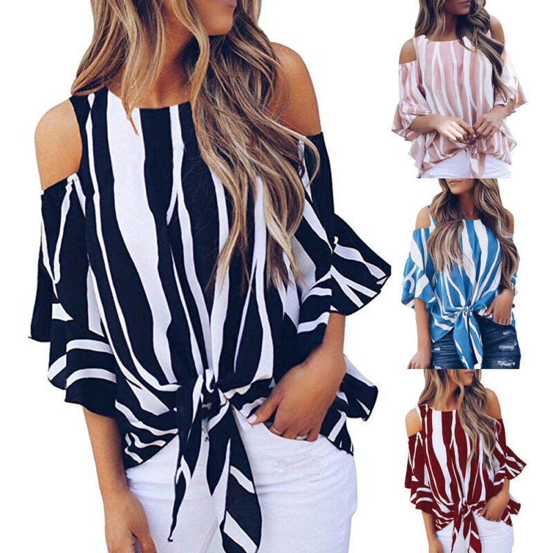 Fashion Women Cold Off Shoulder Stripe Loose Tops Butterfly Short Sleeve O-neck Summer Casual Baggy Tie Knot Blouse Shirt