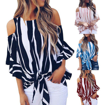 Fashion Women Cold Off Shoulder Stripe Loose Tops Butterfly Short Sleeve O-neck Summer Casual Baggy Tie Knot Blouse Shirt