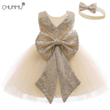 Newborn Baby Dress Lace Backless Baptism Clothes Sequins Bow Kids Infant Girl First Year Birthday Princess Toddler Party Costume