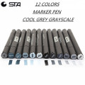 STA 12 Cool Grey Colors Art Markers Grayscale Artist Dual Head Markers Set for Brush Pen Painting Marker School Student Supplies