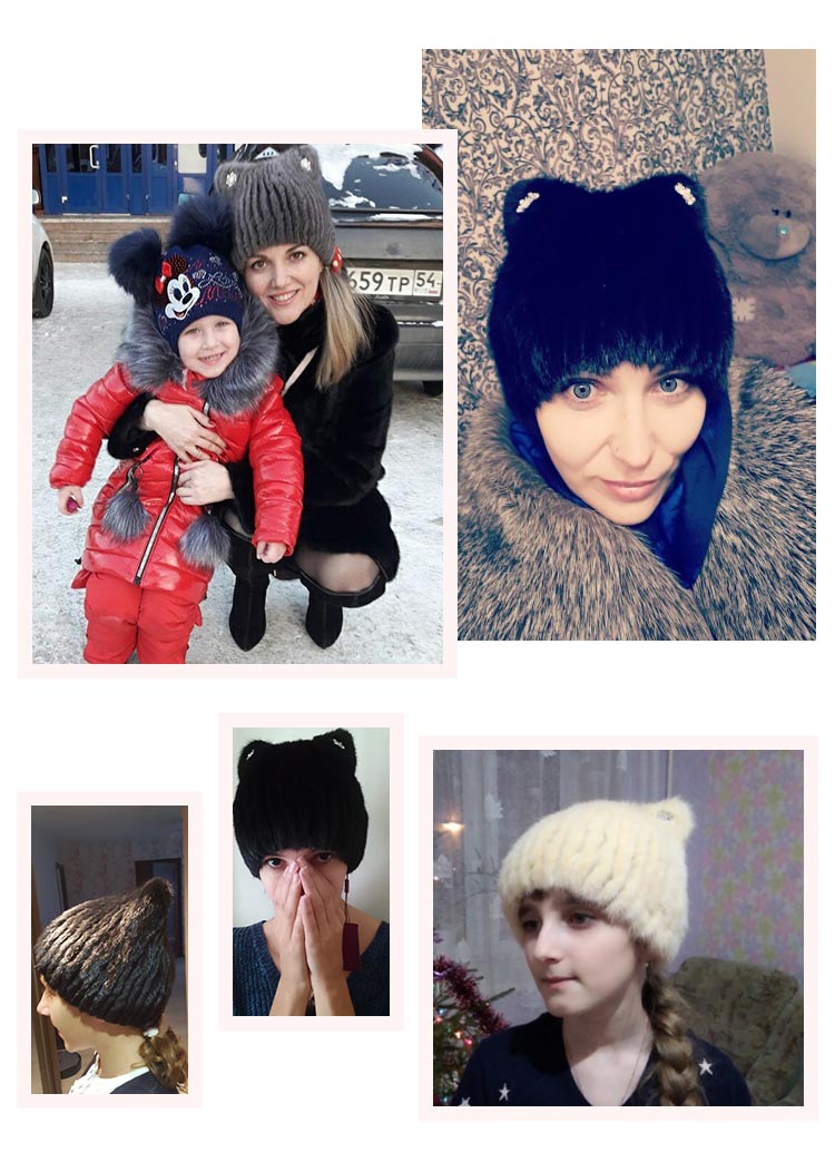 ENJOYFUR Natural Mink Fur Hats For Women Cute Cat Ear Thick Winter Hat Female Fashion Fur With Rhinestones Knitted Beanies