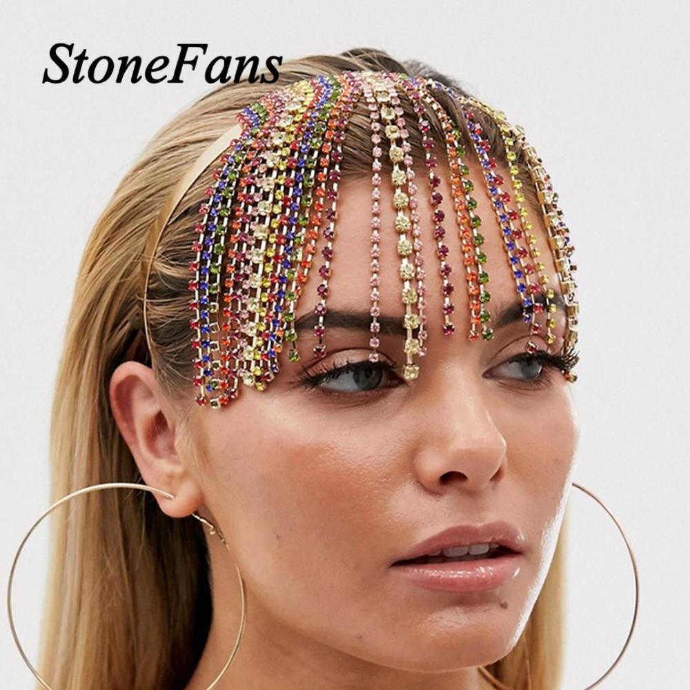 Stonefans Bohemian Colorful Rhinestone Headband Forehead Chain for Women Bridal Tassel Headband Chain Weedding Hair Jewelry