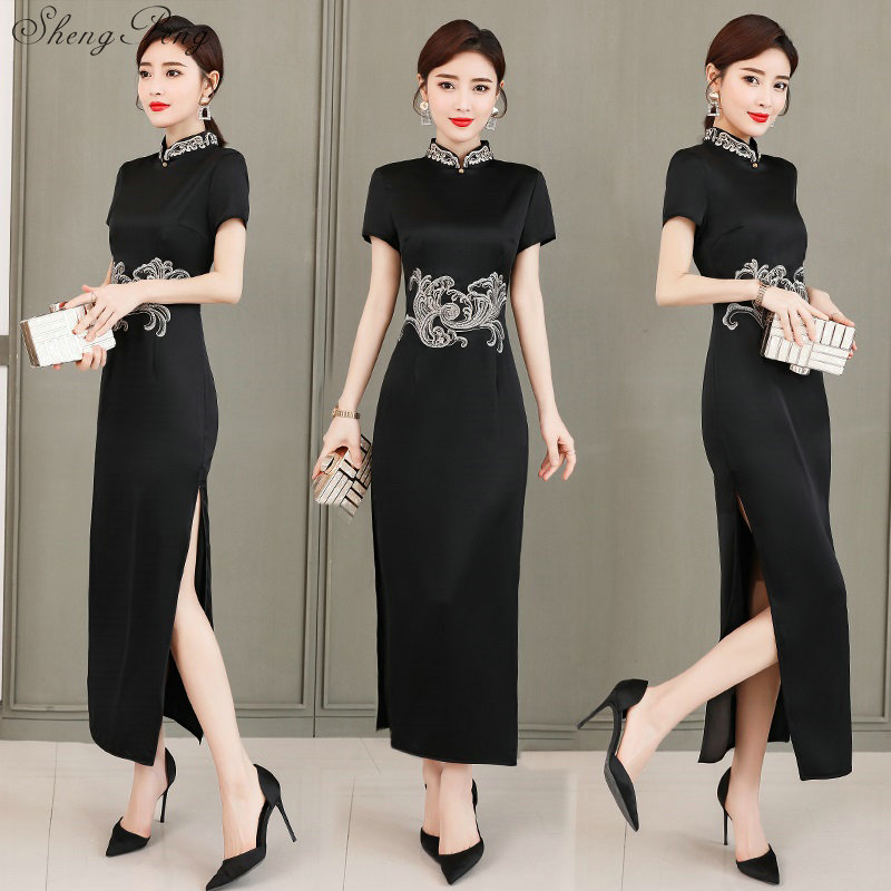 Ladies Chinese Clothing Satin Silk Cheongsam China Style Elegant Daily Traditional Dress Mandarin Collar Long Qipao V1890