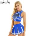 iiniim Women Adult Charming Cheerleader Uniform Cosplay Fancy Clubwear Costumes Pentagram Back Crop Top with Mini Pleated Skirt