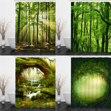 Forest Waterproof Bath Screen Set with 12pcs Hooks Landscape Shower Curtains Bathroom Curtain for Bathroom Home Decoration