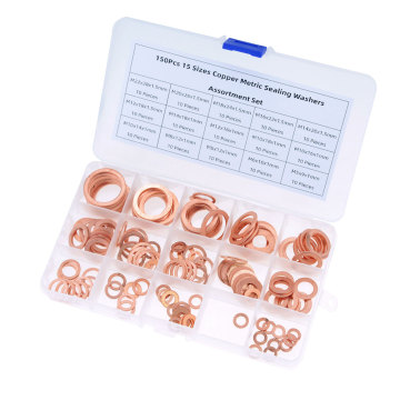150PCS Copper Washer Gasket Nut and Bolt Set Flat Ring Seal Assortment Kit M5 M6 M8 M10 M12 M14 M16 M18 for Sump Plugs Water