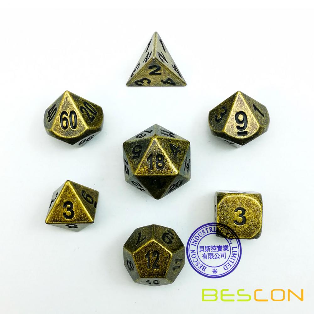 Bescon Ancient Brass Solid Metal Polyhedral D&D Dice Set of 7 Antique Copper Metal RPG Role Playing Game Dice 7pcs Set