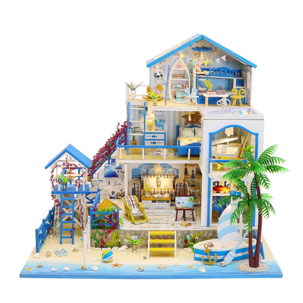 DIY Wooden Dollhouses Blue Romantic Aegean Sea Villa Assembled Miniature with Furniture Doll House Toys for Kids Girl Adult Gift