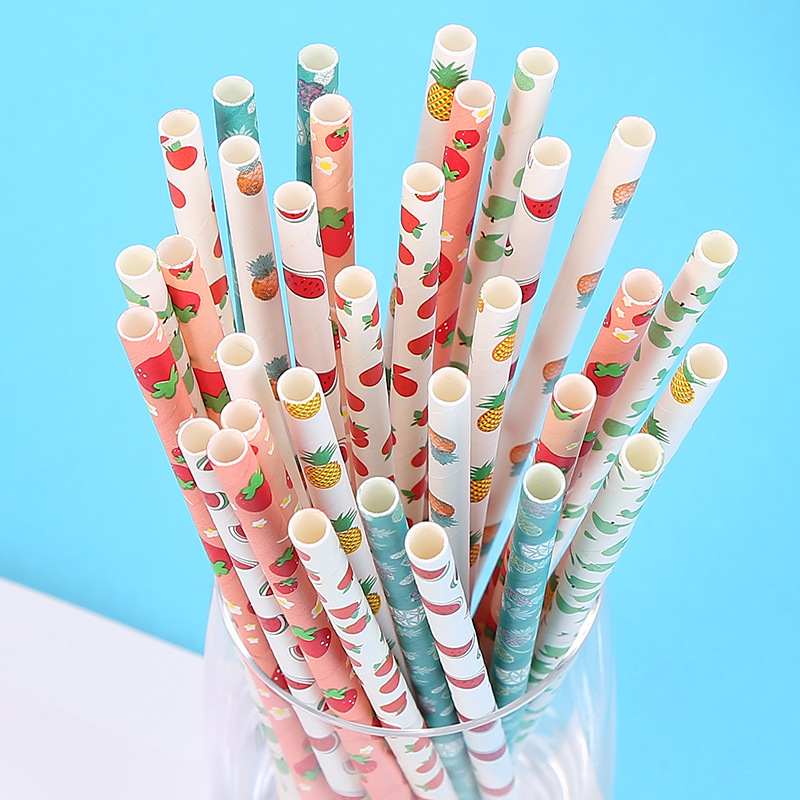 25 PCS Disposable Paper Straws Fruit Pattern Collection Juice Dessert Baking Straw Drinking Paper Straws Kitchen Disposable Tool