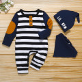 (0-12M) Baby Romper Set Winter Long Sleeve New Patch Printed Striped Button Romper + Hat + Saliva Towel Set детская одежда 50*