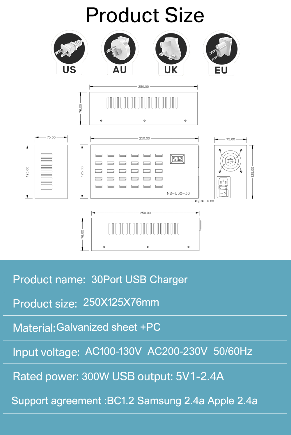 30-port usb charger - Product Size