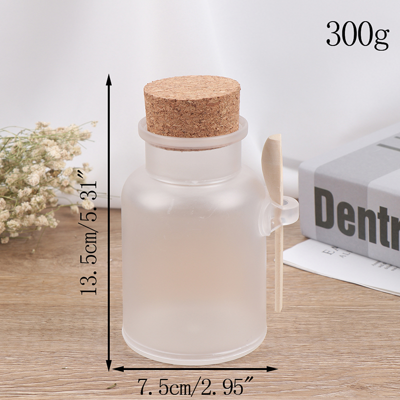 Empty 100g 200g 300g Powder Plastic Bottle Bath Salt Jar With Wood Cork & Wooden Spoon