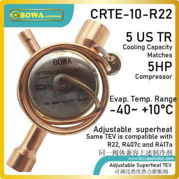 5TR R22/R407C/R417A thermostatic expansion valves are available with internal (CRT) or external (CRTE) pressure equalization