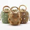2020 New Handmade Rhinestone Crystal Embellished Straw Bag Small Straw Bucket Bags Lady Travel Purses and Handbags