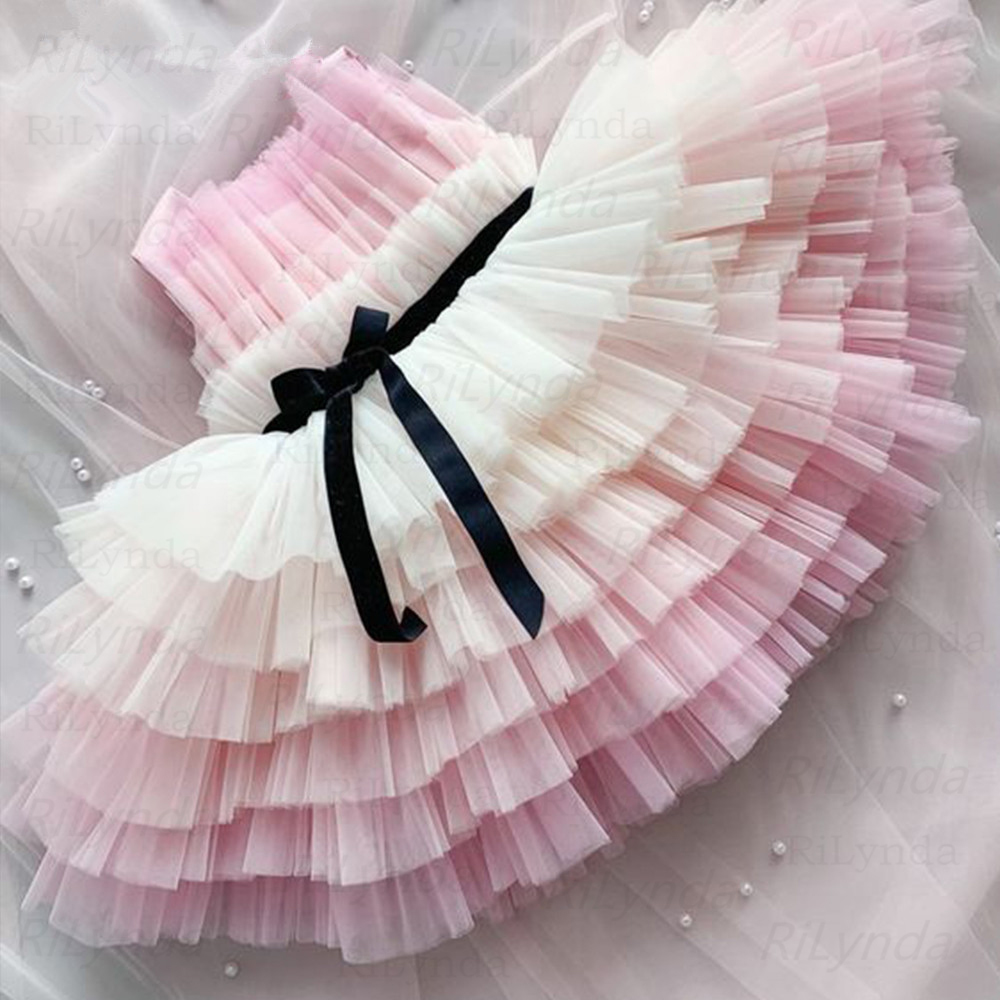 Pink Cute Girl Pageant Dresses Kids Bow Sashes Flower Girl Dress Tulle Layered Ball Gown Little Bride Dresses
