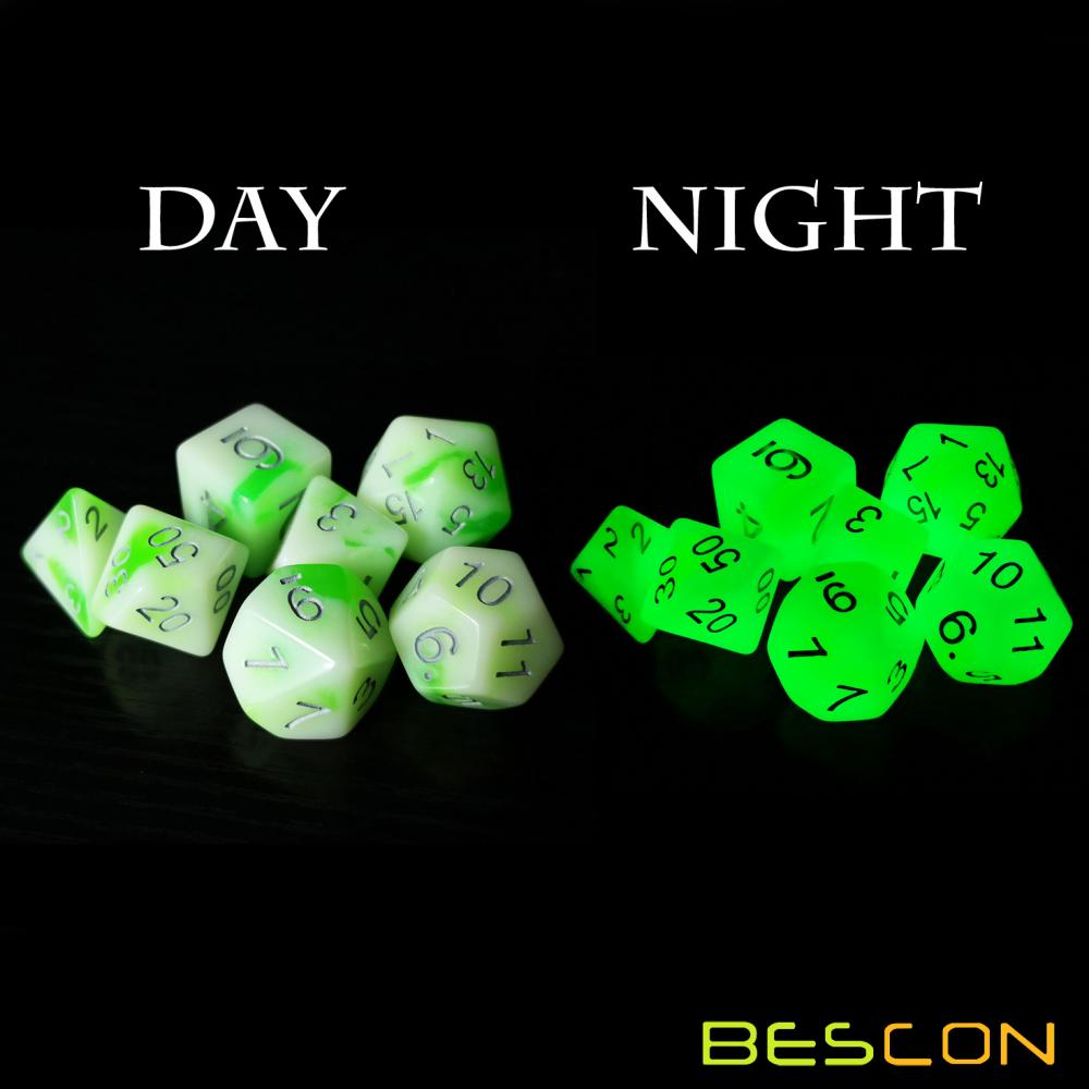 Bescon Glowing Polyhedral RPG Dice Set Luminous Jade, Bescon Glow in Dark Poly Dice Set of 7, DND Role Playing Game Dice