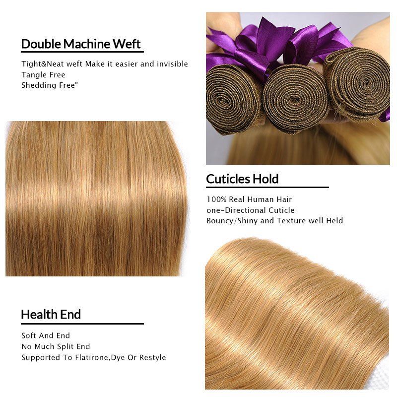 Honey Blonde Bundles Colored 27 Straight Human Hair Weave Bundles Blonde Peruvian Hair Weft Extension Shining Star Remy Hair