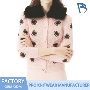 Lace Patterned Knitted Top with Pink Fur Collar