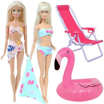 Doll Accessories 4 Items = 2x Swimwear Bikini + 1x Beach Chair + 1x Inflatable Swim Ring Clothes for Barbie Doll Kids Toy Set