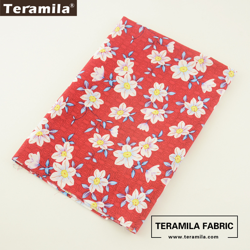 Teramila Cotton Poplin Fabric Red Fat Quarter Meter Textile Tissue Printed Lily Flowes Style Cloth Dress Shirt Quilting tecido