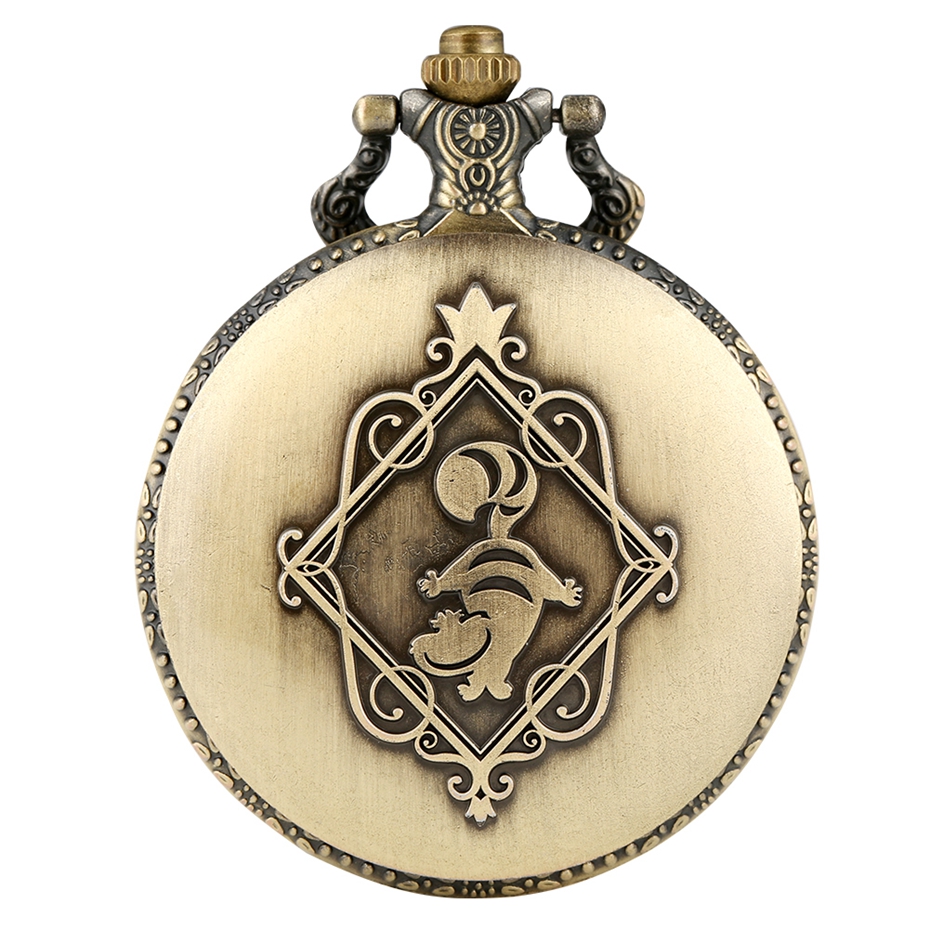 Retro Bronze Dream Alice in Wonderland Rabbit Poker Carousel Accessory Quartz Pocket Watch Chain Necklace Pendant for Girl Women