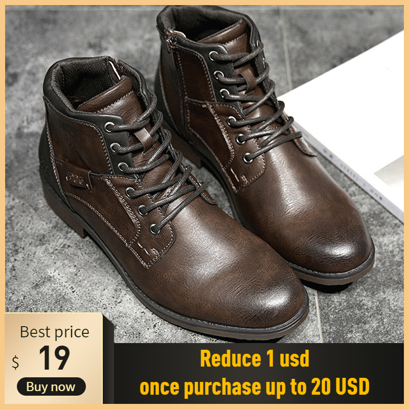 Fashion Retro Ankle Leather Men Boots 2019 High-Top Side Zipper Tooling Black Brown Boots Outdoor Desert Boots Male Shoes