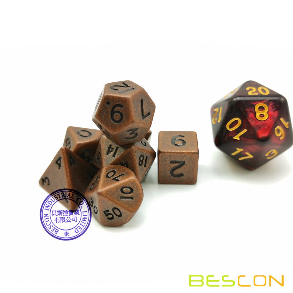 Bescon 10MM Mini Solid Metal Dice Set Antique Copper, Mini Metallic Polyhedral D&D RPG Miniature Dice 7-sets