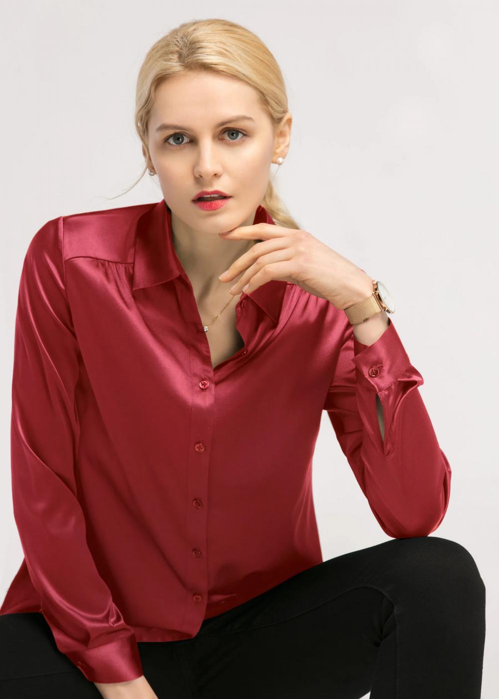 Silk Blouse for Women 100% Pure Silk Long Sleeves Cool Smooth Tops Long Sleeve Button Down Shirt Casual Work Office Silky Blouse