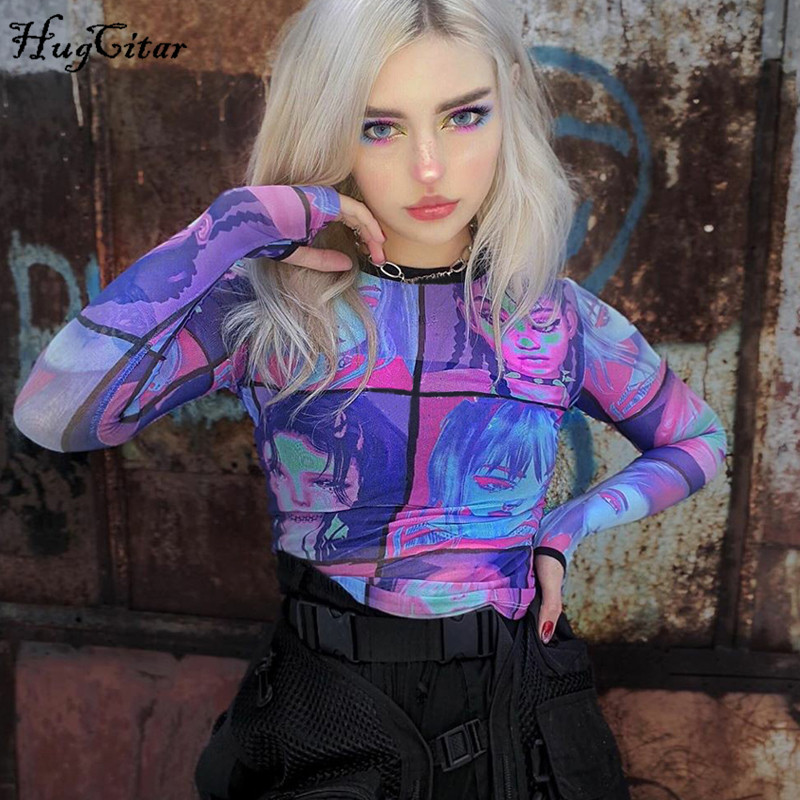 Hugcitar 2020 Cartoon print mesh see-through sexy tops spring summer women fashion streetwear outfits T-shirts chic club wear