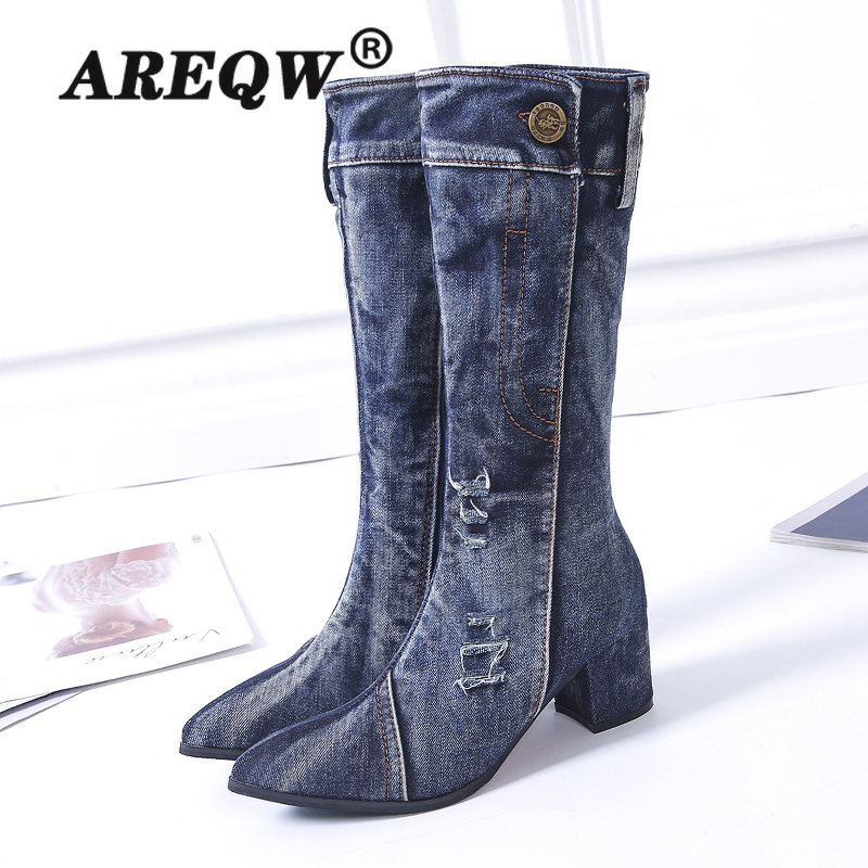 Sexy Jean Boots Women's AnkleTube Women Short Boot Winter Mid Heel Denim Boot 2020 Lady Stylish Jeans Boots Zipper Shoes Cowboy