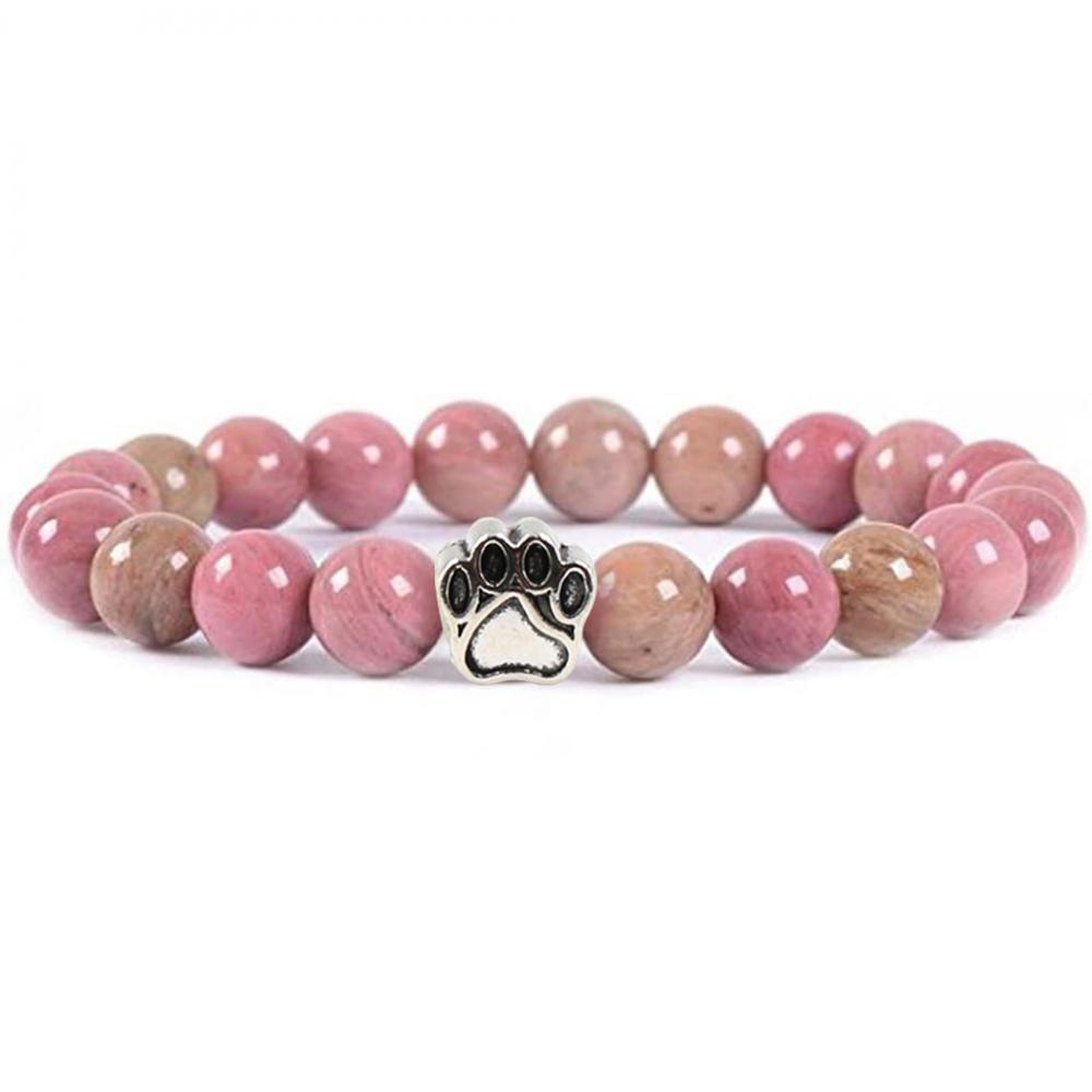 Stone Beads Dog Paw Bracelets for Women Men Cute Alloy Animal Cat Pet Hand Footprint Elastic Stretch Gemstone Bangles