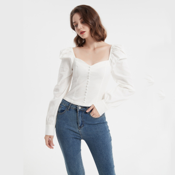 Summer women tops square neck crop smocking blouse