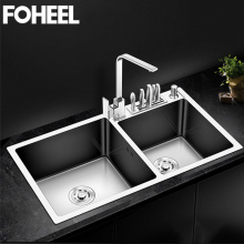 FOHEEL Kitchen Sink Double Bowl Above Counter Or Undermount Handmade Brushed Stainless Steel Kitchen Sinks Wastafel FKS02-1