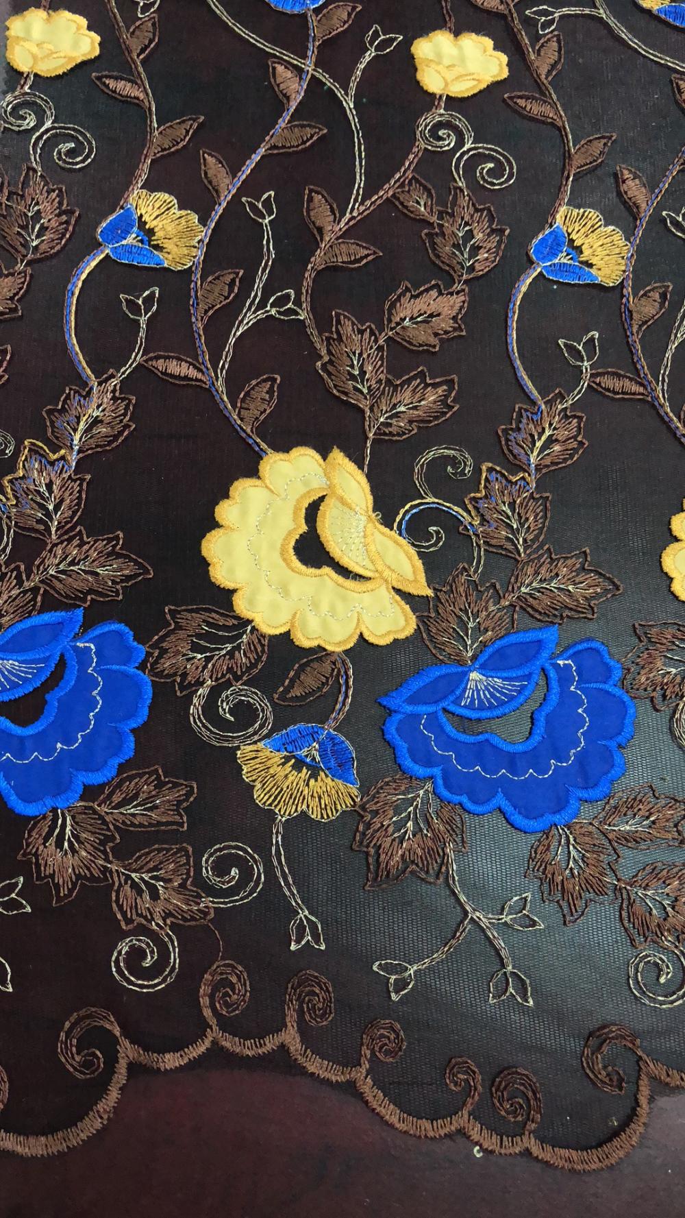 Yellow and blue flowers Mesh Embroider Fabric