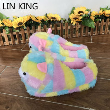 LIN KING New Cartoon Grass Mud Horse Women Winter Furry Slippers Colorful Striped Home Slippers Warm Non Slip House Floor Shoes