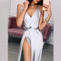 High Side Split Sexy Prom Dresses Deep V Neck Slivery Silk Satin Evening Formal Lady Gown Simple Style YSAN806