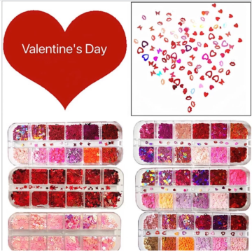 12 Grids/Set Valentine's Day Love Sequins Red Suit,Lips, Mixed Size Nail Glitter Flakes 3D Sequins Nail Art Decoration Manicur
