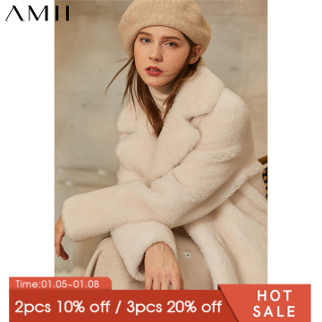 Amii Minimalism Winter Thick Fur Coat Fashion Solid Lapel Straight Knee-length Women's Jacket Causal Winter Coat Women 12041044