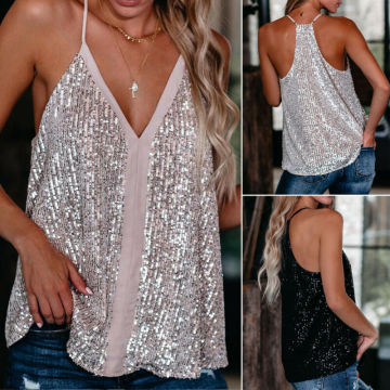 Women V Neck Loose Sleeveless Vest Tanks Camis Lady Sexy Sequin Cocktail Vest Tops Tops Tees