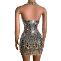 Sparkly Halter Dress Prom Evening Sexy Bag hip Costume Birthday Bar nightclub stage costumes Full mirror rhinestone