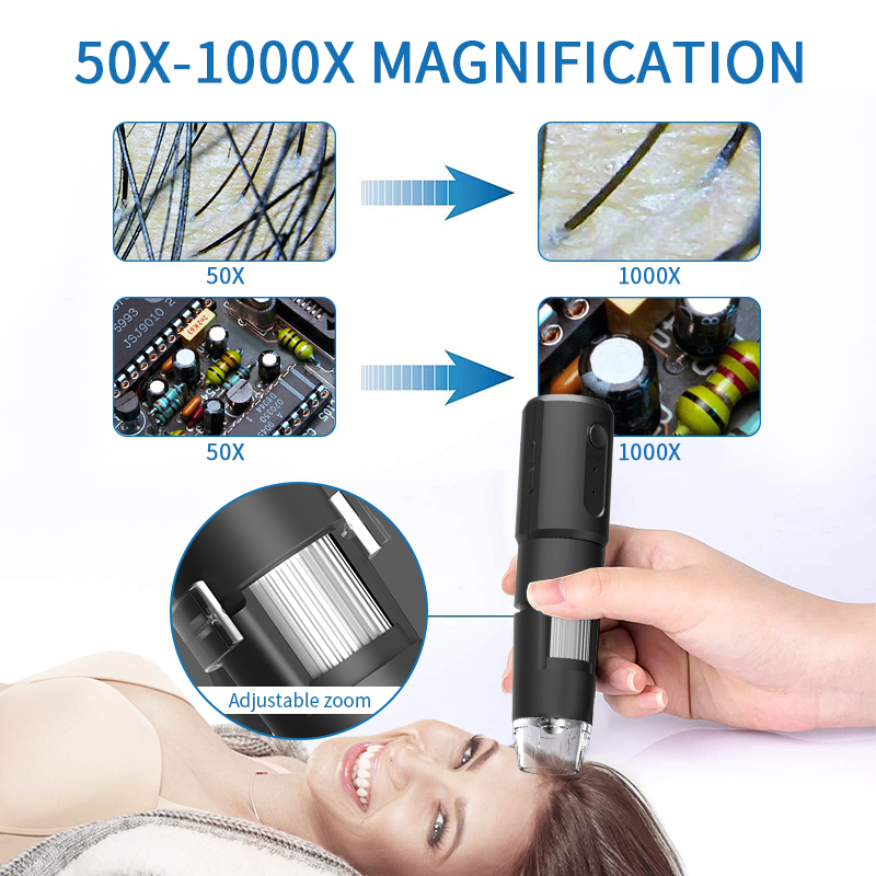 Multifunctional 50~1000X WIFI Wireless Digital Microscope Portable Mini Microscope Camera with 360° Rotation Base 8 LED Light