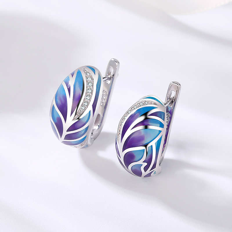 OGULEE Genuine 925 Sterling Silver stud Earrings for Women Sparkling Cubic Zircon Handmade Enamel Blue Feathers Designer Jewelry
