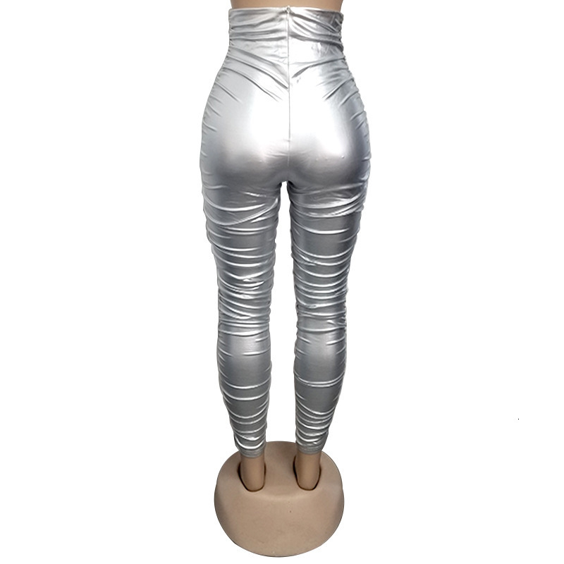 DEAT 2021 Spring Sexy High Waist Pants Bodycon Silver Pencil Causal Pants Autumn Female Slim Women Pants Trousers MH705