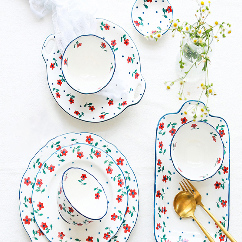 Ceramic Floral Pattern Plate Set Tableware Set Household Plate Rural Style Dish Plate Rice Bowl Soup Bowl Noodle Bowl Mug