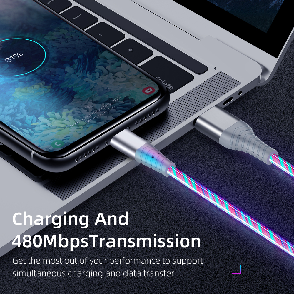 Glowing LED Cable 3A Fast Charging Cable Micro USB Type C High Speed Data Transfer Cable Flowing Streamer Light LED USB C Cord