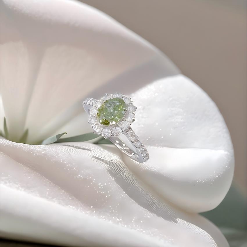 1.09 carat Fancy Vivid Green oval lab diamond halo ring with diamond-set shoulders
