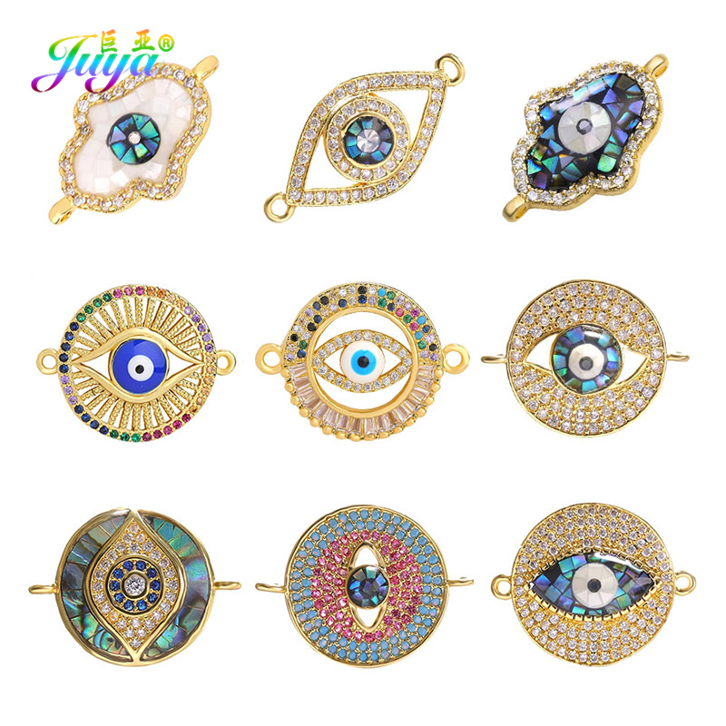 Juya Handmade Luxury Cubic Zirconia Hamsa Greek Evil Eye Charms Connector Accessories For DIY Turkish Jewelry Making Supplies