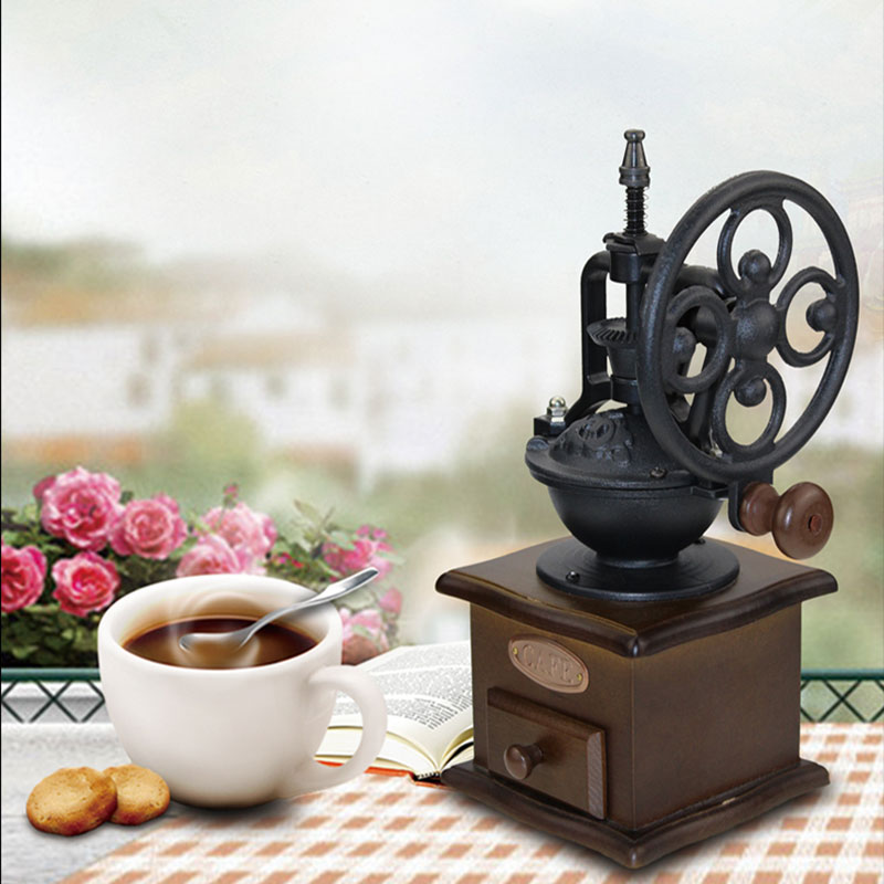 Retro Wooden Manual Coffee Grinder Hand Cast Iron Handmade Coffee Beans Spice Mini Burr Mill Grinders coffee Tool